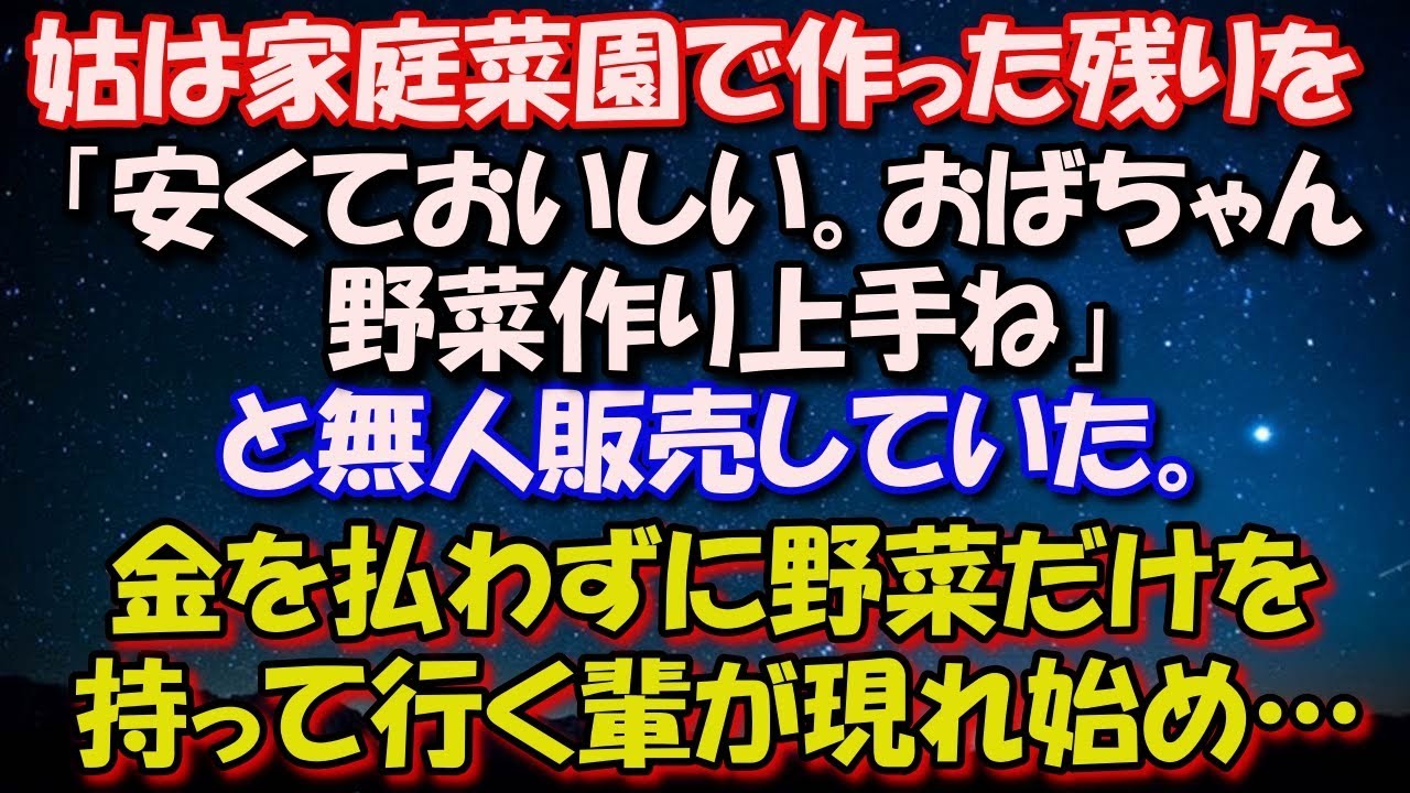 【修羅場】 姑は家庭菜園で作った残りを 「安くておいしい。おばちゃん野菜作り上手ね」 と無人販売していた。 金を払わずに野菜だけを持って行く不逞の輩が現れ始め… 修羅場スカッととろ